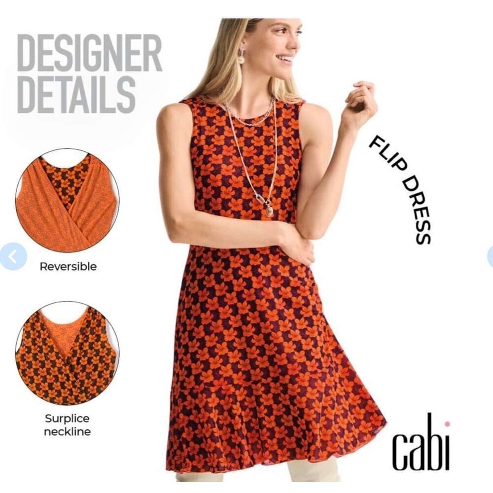 Cabi The Flip Dress sz M Orange/Black Reversible Sheer Mesh Dress Ruffle Sexy